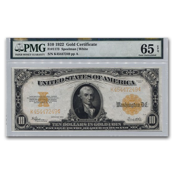 1922 $10 Gold Certificate Hillegas Gem CU-65 EPQ PMG 1922 $10 Gold Certificate Hillegas Gem CU-65 EPQ PMG